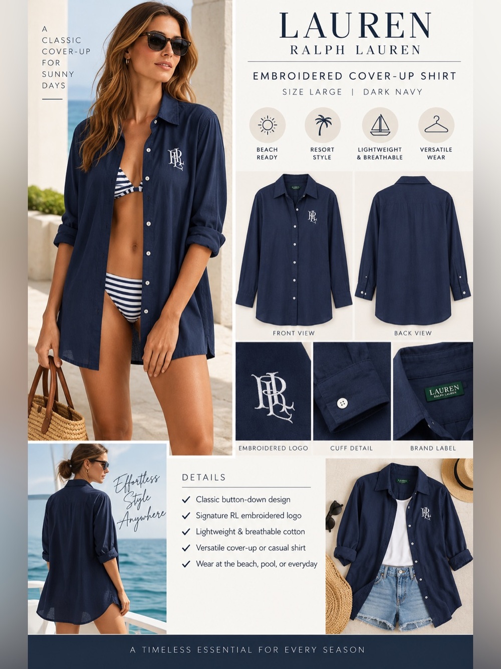 Lauren Ralph Lauren Women’s Navy Embroidered RL Cover-Up Shirt Size Large NWOT